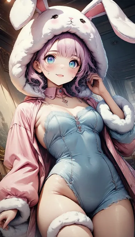 Ultra-realistic CG K ,((premium、8k、32k、Masterpiece:1.3)), (superfine illustration)、(súper high resolution), (((adult body))),whole body, plano general ,extremely detailed and beautiful eyes, a woman dressed in a fluffy rabbit costume with big bunny ears, t...