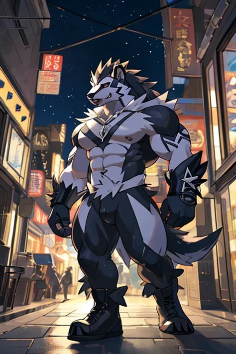 a cartoon image of a character in a city street, commission for high res,pokemon obstagoon,1male,nude, fullbody commission, muscular,furry,art by takahirosi