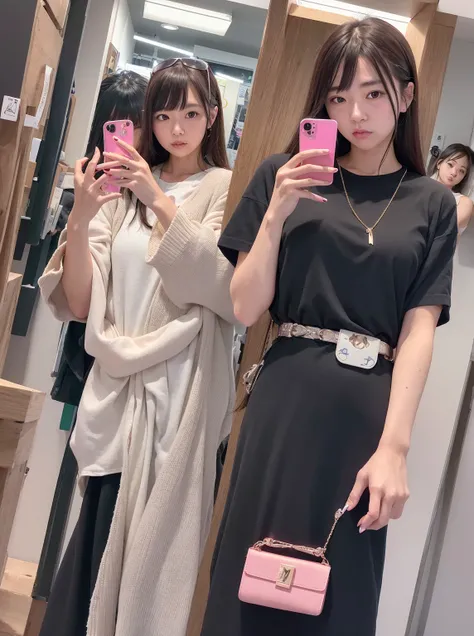 Araphedo woman taking a selfie with her mobile phone in a store, ulzzangs, Kimi Takemura, 🚿🗝📝, with apple, 🪔 🎨;🌞🌄, iphone selfie, 2 color, chiho, 🐝👗👾, instagram model, iPhone 12, 🤬 🤮 💕 🎀