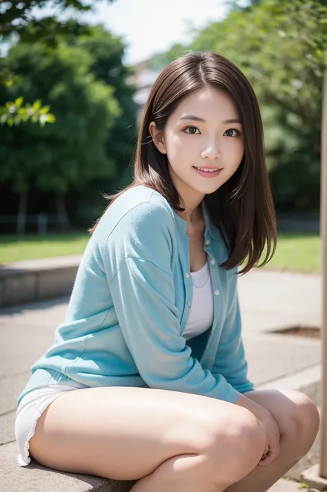 Pure Japanese girl, natural body, beautiful legs, trendy loose casual fashion, natural hair styles, impressive big brown eyes, pure smile, refreshing in early summer sunlight, feeling soft breeze in hair, sitting and relaxing, professional portrait photogr...