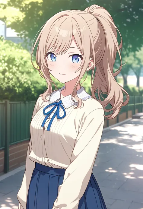 Generate an image of Honami Mochizuki from Project Sekai. She is a high school student with long, straight, light brown hair that she often wears in a loose ponytail or down with a simple clip. She has big, gentle blue eyes and a warm, friendly expression....