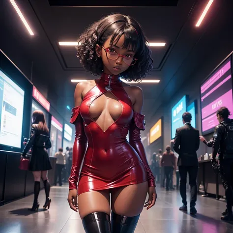 (masterpiece), (best quality), (high res) Solo, (perfect anatomy), (young girl (10 years old), ((((dark skin)))), curly purple hair (shoulder length), red eyes, round eyeglasses, (skin tight long sleeved dress), (red high heels boots), (shirt), (super tigh...