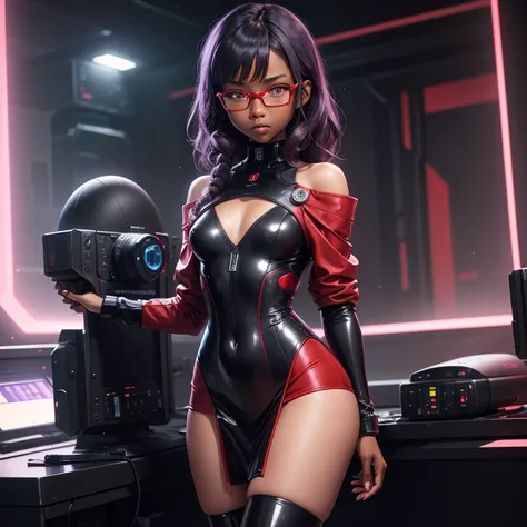 (masterpiece), (best quality), (high res) Solo, (perfect anatomy), (young girl (10 years old), ((((dark skin)))), curly purple hair (shoulder length), red eyes, round eyeglasses, (skin tight long sleeved dress), (red high heels boots), (shirt), (super tigh...