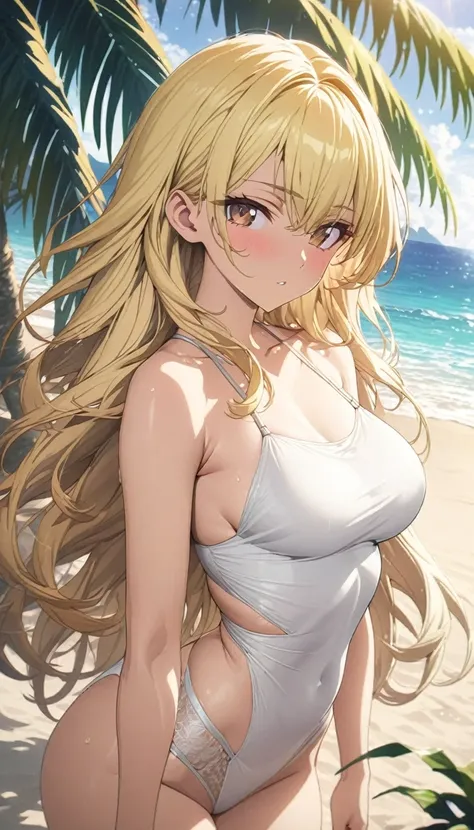 masterpiece, rich colors, Best quality, detailed, high resolution, Hyper quality, high detail, , high quality, detailing, skinny sexy girl on the beach , bright lighting , Brown eyes, Anime, palm trees, bright lighting, blonde,