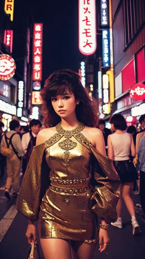 (80s, Retro), (Album cover), (masterpiece, highest quality, Intricate details), , 
girl, alone, 
City scene, City of night, Tokyo, High Fashion, 