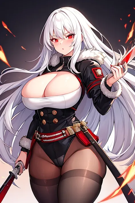 1girl, white hair, long hair, red eyes, serious, glowing eyes, large breasts, thick thighs, mature female, toned, leotard, black leotard, thighhighs, belt, knife, fur trim, fur, jacket, pantyhose, black pantyhose, black jacket