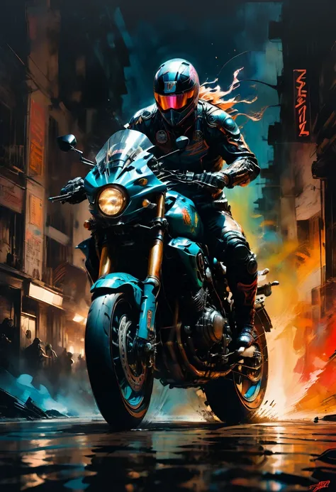 Motorcycle, rider, full body, by Guy Denning, comic style, dramatic composition, cinematic dynamic action scene, vibrant colors, cinematic lighting, dramatic lighting, best quality, masterpiece, very aesthetic, perfect composition, intricate details, ultra...