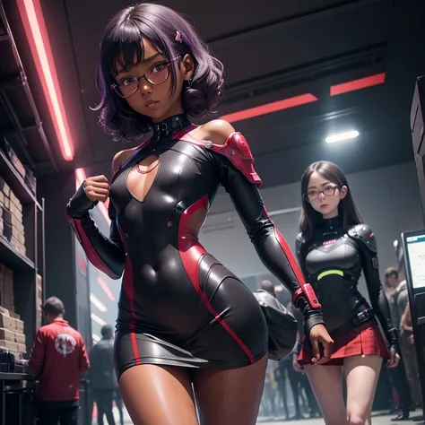 (masterpiece), (best quality), (high res) Solo, (perfect anatomy), (young girl ((((10 years old))), ((((dark skin)))), curly purple hair (shoulder length), red eyes, round eyeglasses, (skin tight long sleeved dress), (red high heels boots), (shirt), (super...