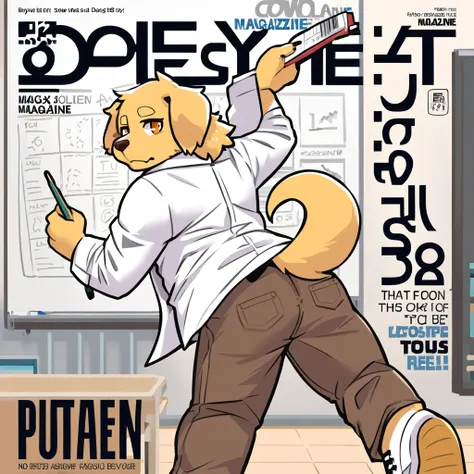 (((magazine cover))), text, perfect anatomy, detailed_eyes, muscular_anthro, full_body, furry, male, dog, golden_retriever, kemono, 1boy, solo, brown_jeans, lab_coat, white_hightops, orange_eyes, classroom_background, whiteboard, looking_back, holding_chal...