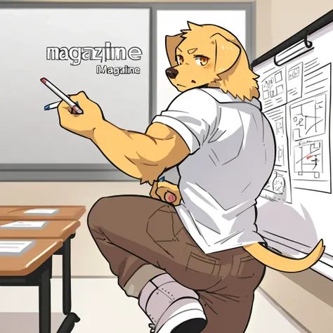 (((magazine cover))), text, perfect anatomy, detailed_eyes, muscular_anthro, full_body, furry, male, dog, golden_retriever, kemono, 1boy, solo, brown_jeans, lab_coat, white_hightops, orange_eyes, classroom_background, whiteboard, looking_back, holding_chal...