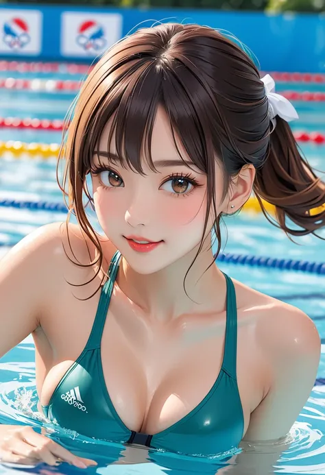 Highest quality、High resolution、Detailed Background、Beautiful girl in her 20s、Cute hair colors、Sexy competition swimwear、Perfect body line、Olympic、Swimmers swimming in the pool、Swimming