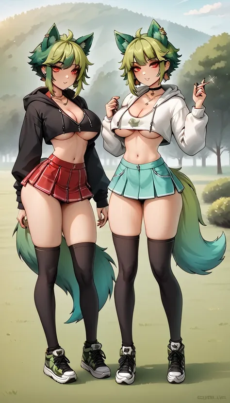   , Croped, , cleavage, slim waist, cropped hoodie underboob, cropped hoodieunderboobhoodie, 1girl, 2 wolf ears, wolf tail, marijuana crop hoodie, crop shorts, marijuana hoodie, spiky hair, spiky fur, green hair, red eyes,marijuana field, tight clothes, pe...