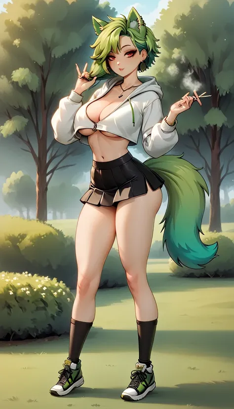   , Croped, , cleavage, slim waist, cropped hoodie underboob, cropped hoodieunderboobhoodie, 1girl, 2 wolf ears, wolf tail, marijuana crop hoodie, crop shorts, marijuana hoodie, spiky hair, spiky fur, green hair, red eyes,marijuana field, tight clothes, pe...