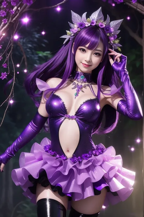 sexy stylish woman who controls poison、beautiful smile、lipgloss、intense makeup、look at the camera、full body Esbian、、sparkling poisoned flower costume (purple)、、、、shiny sparkling multicolor hair、secrete poison、skull hair accessories schnet tights (purple)、s...