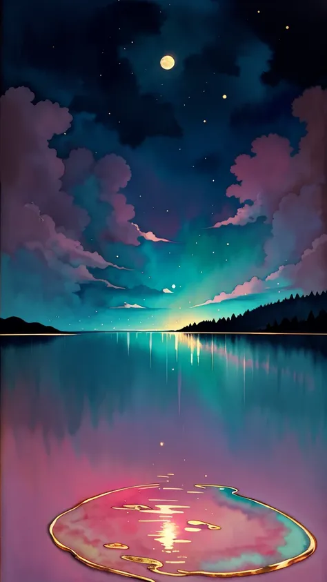 watercolor painting,It features a simple(Beauty)，night，moon，lake surface，gold，pink，green，blue, red, glass texture、Light， Gradient translucent glass melt, clean no humans