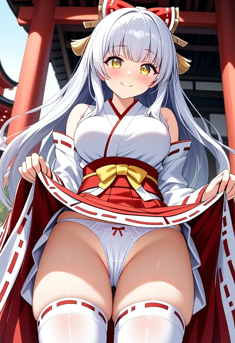 ((Highest quality)), ((masterpiece)), (be familiar with), Perfect Face, Big eyes, Drooping eyes, eyelash, The sparkling light of the eyes, japanese shrine maiden, white thighhighs, nontraditional miko (mini skirt lift), (intricate detailed white satin pant...