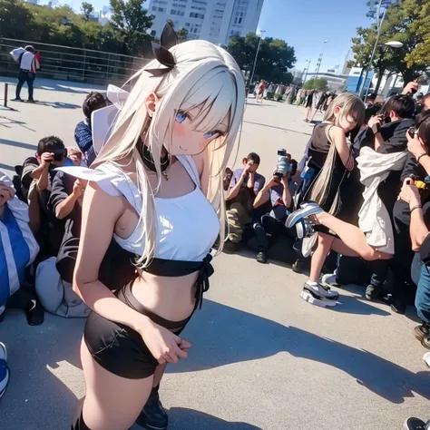 (masterpiece, Highest quality:1.2), One girl, alone,Are standing_Split, Long Hair, White sleeveless tank top，Tie pants,NSFW,standing split,Comiket_cosplay_Hiroba