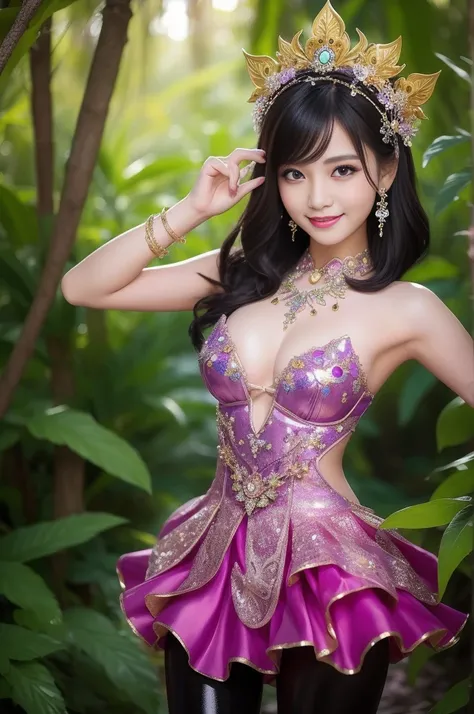 sexy Thai model who controls poison、beautiful smile、lipgloss、dramatic makeup、look at the camera、full body Esbian、、sparkling poisoned enchanted flower costume、、、、shiny sparkling colorful short hair、secrete poison、skull hair accessories、detailed tights、shiny...