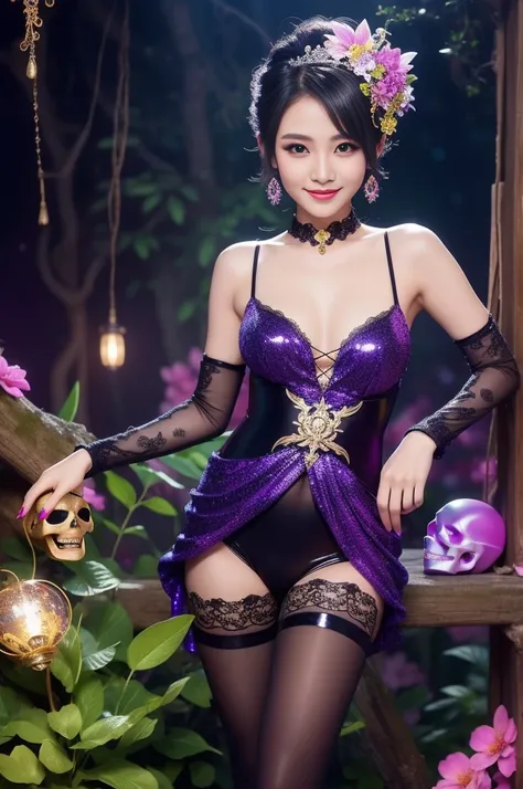 sexy Thai model who controls poison、beautiful smile、lipgloss、dramatic makeup、look at the camera、full body Esbian、、sparkling poisoned enchanted flower costume、、、、shiny sparkling colorful short hair、secrete poison、skull hair accessories、detailed tights、shiny...