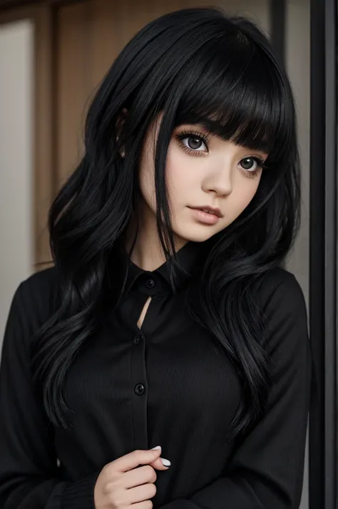 black haired blythedol with dark eyes and black clothes