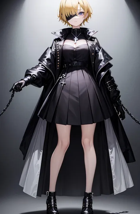 short girl, short yellow hair, black blindfolds, black jacket, black knuckleless gloves, short black skirt, White shoes, necklace with a shiny cross, violet eyes, chains around.