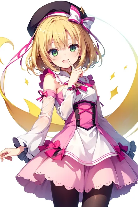 Small breasts,blonde,Hair above one eye,Green Eyes,Laughing with your mouth open,tights, ((Pink magical girl costume)),Removable sleeves,beret,ribbon,(White background,Simple Background,masterpiece,Best image quality,Highest quality) Browsing Caution