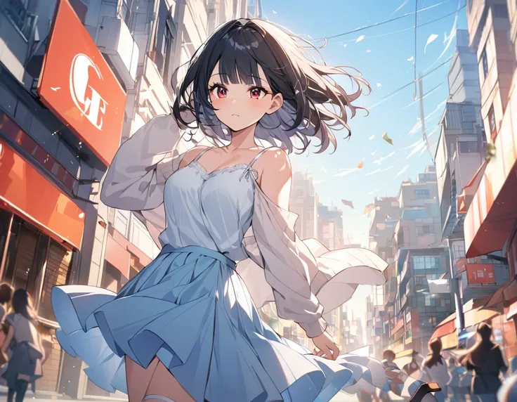 1girl,solo,blunt-bangs,19 years old,short-hair,large_breasts,black-hair,red-eyes, white_cardigan over light-pink_camisole,light-blue_flared-skirt,white_ankle strap sandals, comb her hair,wind, motion-blur,street,building,bokeh,blue_sky, in focus with blurr...