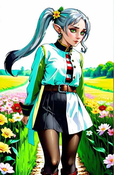 incredible quality, ultra detaild, work of art, movie poster.
1 adult woman, freeze, elf ears, gray hair, cabelo twintails, greeneyes, make-up, black mascara, ombre, Red Earrings, White jacket with dark yellow details, striped shirt, black belt, belt buckl...