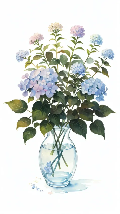 watercolor paiting,It features a simple A small bouquet of 2 hydrangeas with full stems, white background 