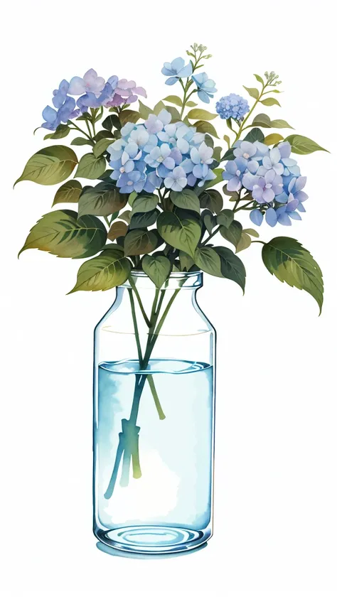 watercolor paiting,It features a simple A small bouquet of 2 hydrangeas with full stems, white background 