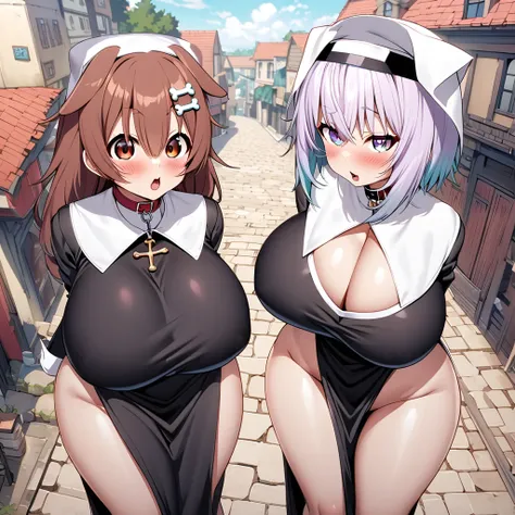 inugami korone,nekomata okayu,2girl,Females in heat,blush,open mouth,nun costumes,collar,gigantic huge breasts,looking at viewer,upturned eyes,near,standing up,Lined up,Otherworldly town back ground,SFW