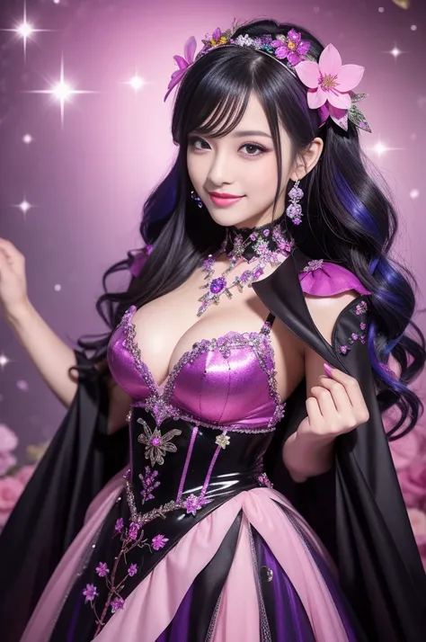 beautiful sexy woman who controls poison、beautiful smile、lipgloss、long lashes、intense makeup、look at the camera、full body Esbian、、sparkling poisoned flower costume、、、、sparkling Colorful hair、secrete poison、skull hair accessories, detailed tights、shiny spar...