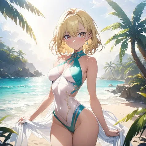 masterpiece, Rich colors, 最high quality, detailed, High resolution, 超high quality, High detail, , high quality, detailed, Skinny sexy girl on the beach , Bright lighting , Brown eyes, anime, Palm tree, Bright lighting, blonde,