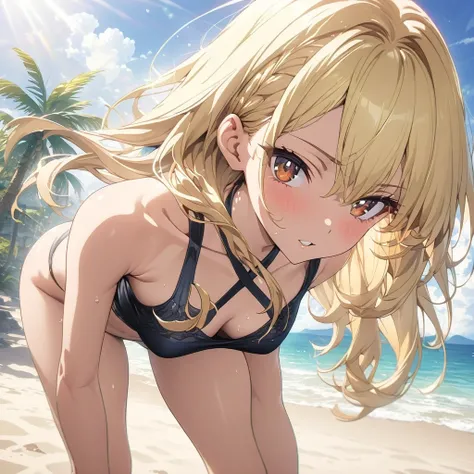 masterpiece, Rich colors, 最high quality, detailed, High resolution, 超high quality, High detail, , high quality, detailed, Skinny sexy girl on the beach , Bright lighting , Brown eyes, anime, Palm tree, Bright lighting, blonde,