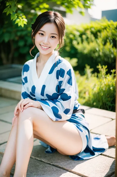 Pure Japanese yukata girl, natural body, beautiful legs, wearing traditional yukata, natural hair styles, pure smile, refreshing in early summer sunlight, feeling soft breeze in hair, sitting and relaxing, professional portrait photography, film photograph...