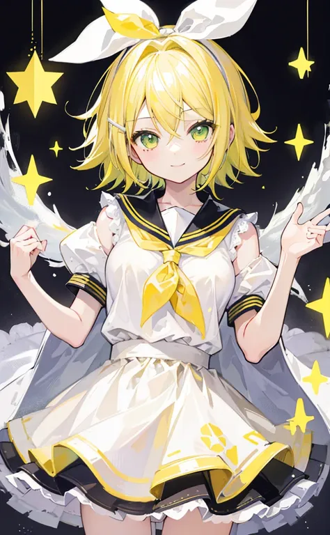 Highest quality、Ultra-precision、One Girl、(Kagamine_Also)、Green Eyes、Cute S、short hair、White Hair Ribbon、Barrette、Blonde、Yellow neckerchief、lingerie、smile、high school student、sister、White background、Large Breasts、Eye、Yellow Eyes