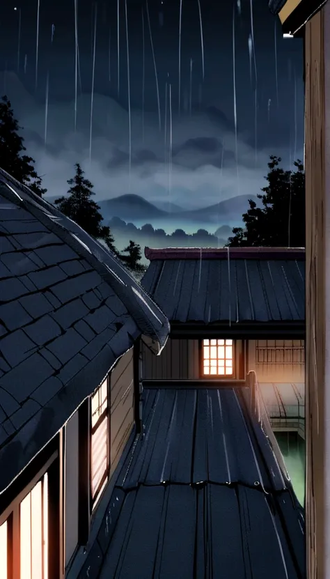 ninja with mask covering his face, on the roof of a house,Feudal Japan, ninja forte, the night, fine and dense rain, Ninja Gaiden style, forest in the background, might, mystery 