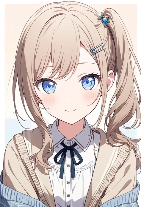 Generate an image of Honami Mochizuki from Project Sekai. She is a high school student with long, straight, light brown hair that has a subtle ash tone. Her hair is styled in a loose side ponytail, often adorned with a simple hair clip or accessory. She ha...