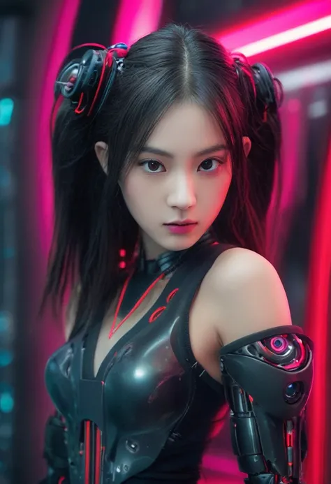 xxmixgirl. Highly detailed professional 35mm film, bokeh, face in sharp focus. A robotic female, Miku, with ((metal skin)), ((perfect Asian eyes)) with magenta irises and ((black pupils)), beautiful serious (detailed face), 18 year old ((photorealistic fac...