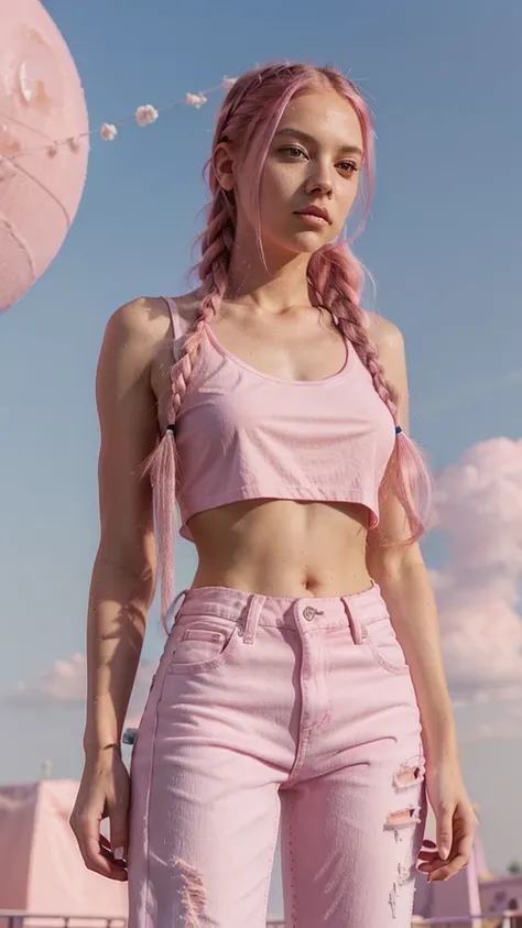 Young woman, pink eyes, long braided pink hair, pink, lots of pink, white cropped t-shirt, pink low rise jeans, bubble gum, cotton candy, pink sky, pink moon, all is pink, beautifully lit, stunning environment, insanely detailed