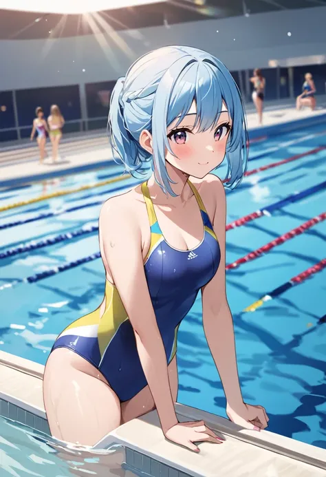 Highest quality、High resolution、Detailed Background、Beautiful girl in her 20s、Cute hair colors、Sexy competition swimwear、Perfect body line、Olympic、Swimmers swimming in the pool、Swimming