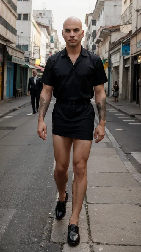 Make a 30 year old man, offwhite, baldie, without hair, with formal wear, walking in street, looking at camera, black dress shoes, Rio de Janeiro background 