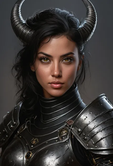 a portrait of a beautiful human woman in her early 20s with bright violet eyes and black tiefling horns, wolf cut black hair, tan skin, angular features, wearing fine medieval black armor, character portrait by senior character artist, Artstation, fantasy ...