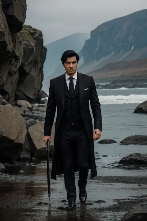 Man in elegant black suit, weapon in hand, black hair and a look full of coldness, frowning looking ahead