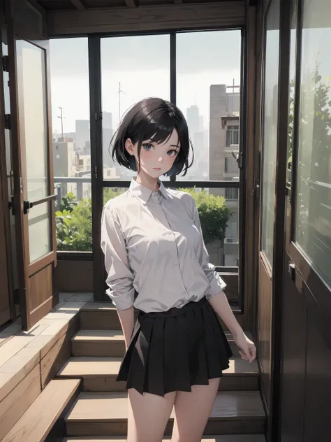 masterpiece, best quality, ultra-detailed, illustration,
1girl, , black hair, skirt , short hair, white shirt, 
kaidan, stairs, scenery, window, ダイナミックアングル、ダイナミックポーズ