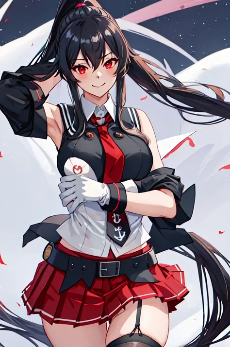 best quality, masterpiece, highres, solo, {yahagi_kantaicollection:1.15}, long_hair, black_hair, ponytail, red_eyes, sidelocks, breasts, hair_between_eyes, large_breasts, 1girl, anchor_symbol, gloves, looking_at_viewer, pleated_skirt, red_skirt, sailor_col...