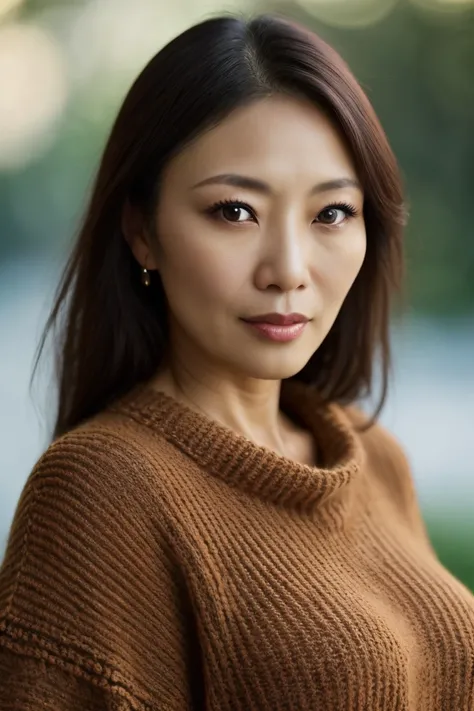 Portrait of a middle-aged Taiwanese woman, 40 years old, cute face, Slim, Tortitz, (big sagging:1.1), huge nipples, wear (Sexy sweater:1.2),  Bokeh background, Simple background, (highly refined skin:1.0), (masterpiece:1.2) (lifelike:1.2) (Bokeh) (best qua...