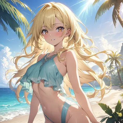 masterpiece, Rich colors, 最high quality, detailed, High resolution, 超high quality, High detail, , high quality, detailed, Skinny sexy girl on the beach , Bright lighting , Brown eyes, anime, Palm tree, Bright lighting, blonde,