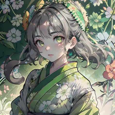 watercolor paiting、(((green floral background:1.3)))、Best Quality, masutepiece, High resolution, (((1girl in))), sixteen years old,(((Eyes are gray:1.3)))、black hair,green kimono,((beautiful green kimono)), Tindall Effect, Realistic, Shadow Studio,Ultramar...