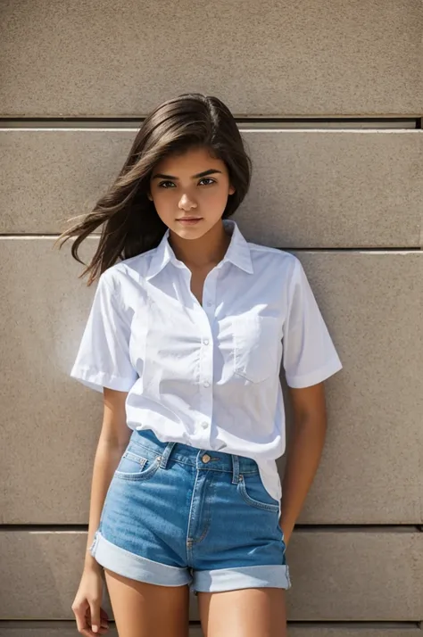 Teenage girl with short shorts and white blue shirt